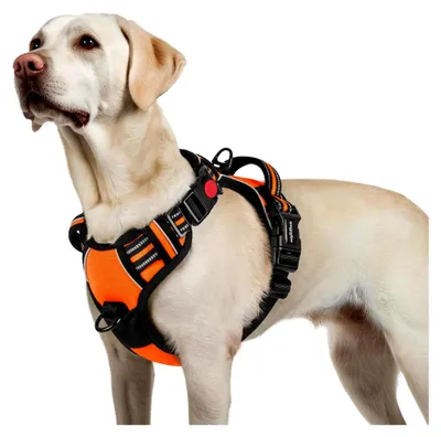 Produktbild von Hundegeschirr für große Hunde, verstellbares Geschirr ohne Zug und Würgen, Anti-Zug-Hundegeschirr mit Griff, weich gepolstertes reflektierendes Brustgeschirr, orange L