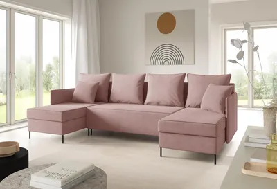 Produktbild von LIKMA Puderrosa Ecksofa ZAVO U-Form 286x142 cm mit Schlaffunktion (274x140 cm) Eckcouch mit 3 Bettkasten und Füßen Wohnlandschaft