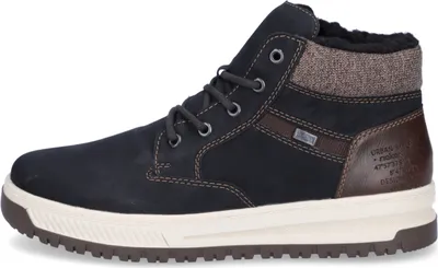 A side view of a black winter boot.