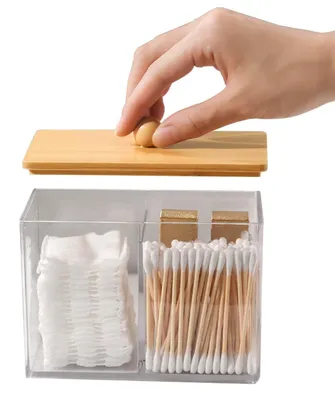 Productafbeelding van Wattenstaafjeshouder - Transparant acryl - Met bamboe deksel - 13,7 x 8,8 x 9,6 cm - Voor badkamer en kaptafel