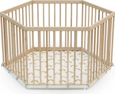 Produktbild von WEBABY - ALVEO sechseckiges Laufgitter aus Holz mit Stoffboden - 125 x 106 x 65 cm