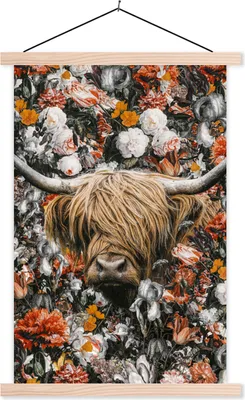 Produktbild von MuchoWow® Textilposter Schottische Hochlandrind - Blumen - Rosen 60x90 cm mit holzfarbenen Rahmen - Textil