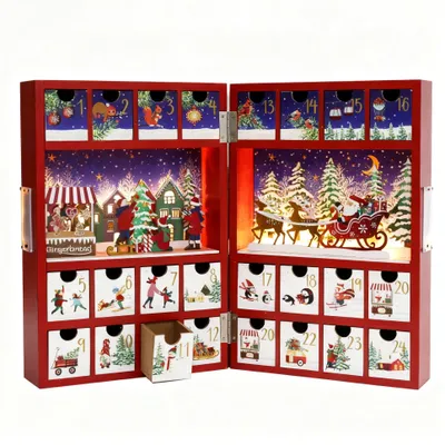 Holz-Adventskalender, befüllbar, 24 Schubladen, LED-Beleuchtung
