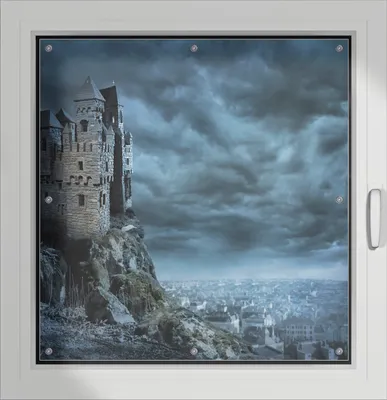 Produktbild von Wallario Lichtschutzbild, Dekorativer Sichtschutz Sonnenschutz 96 x 100 cm mit Motiv: Altes Geisterschloss - Verdunklung ohne Bohren