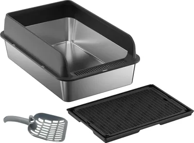 Produktbild von Katzenstreu Box, Edelstahlmaterial, hohe Seiten für größere Katzen, komplettes Set mit Matte und Schaufel, schwarz
