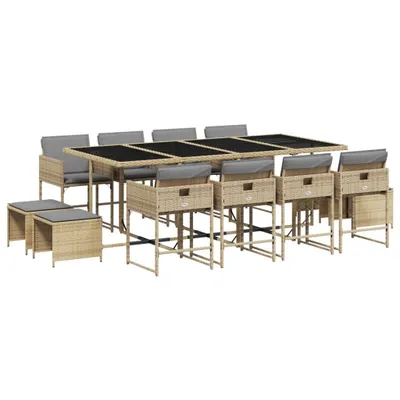 Produktbild von 13-tlg. Garten-Essgruppe mit Kissen Beigemischung Poly Rattan