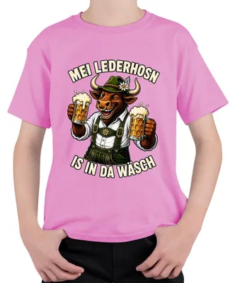 Produktbild von Mei Lederhosn is in da Wäsch Stier Bulle Trachtenshirt Lederhose Kinder T-Shirt, Pink, 152