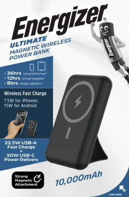 Produktbild von Energizer QM10002PQ, 10000 mAh, Lithium Polymer (LiPo), Kabelloses Aufladen, 22,5 W, Schwarz
