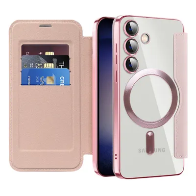 Immagine prodotto di Custodia per Samsung Galaxy S24 compatibile con MagSafe, custodia trasparente con portacarte, custodia in pelle con protezione della fotocamera Rosa