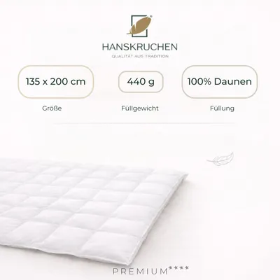 Produktbild von HANSKRUCHEN Daunendecke 135x200 cm Leicht waschbar Allergiker Bettdecke Daunen 100% atmungsaktiv Kassettendecke weiß