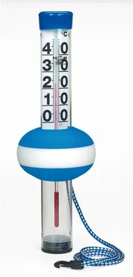 A floating thermometer for swimming pools or other bodies of water.