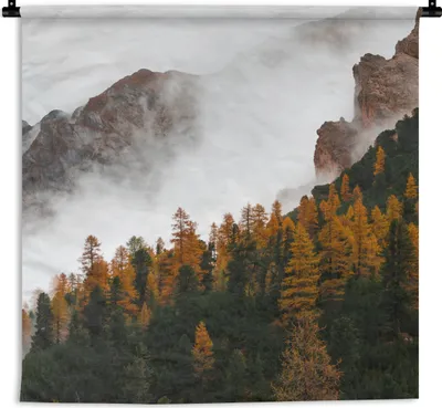 Produktbild von MuchoWow® Wandteppich Wandbehang Berg - Nebel - Wald 90x90 cm Tapisserie Dekoration Wandtuch - Wandaufhänger