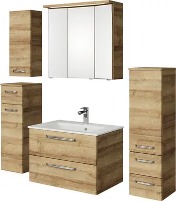 Produktbild von Pelipal Badmöbel-Set Kumba BxHxT 137 x 200 x 50 cm Frontfarbe eiche riviera mit Mineralguss-Waschtisch weiß, Midischrank