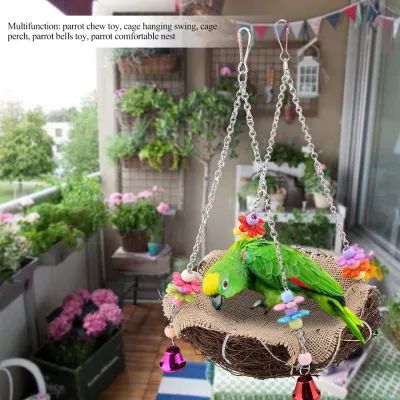 Produktbild von Vogel Rattan Nest,Vogel hängenden Nest Spielzeug,Nest Spielzeug mit Glocken,Vogel Swing Perch Spielzeug,Käfig Hängematte