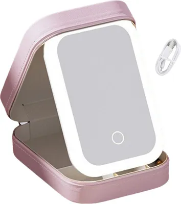 Produktbild von Reise-Make-up-Tasche mit LED-Spiegel, wiederaufladbar über USB, 3 Farben, verstellbar, beleuchteter Kosmetikspiegel, tragbarer Mini-Reisespiegel, Kosmetiketui, Schmuck-Organizer-Box
