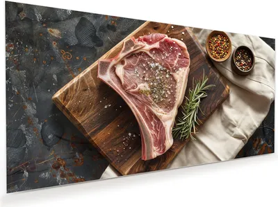 Produktbild von Glasbild 120x60cm in XXL für Wohnzimmer, Schlafzimmer Motiv Steakauf Holzbrett