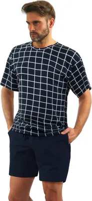 Produktbild von Sesto Senso Herren Pyjama Set - Kurzer Ärmel, Kurze Hose, 100% Baumwolle, Atmungsaktiv, Elegantes Design mit Karomuster, Praktische Taschen, Ideal für Sommernächte, Dunkelblau,  EU XXL