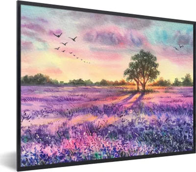 Produktbild von MuchoWow® Gerahmtes Poster Lavendel - Farbe - Vögel - Bäume - Lila 80x60 cm - Poster mit Schwarzem Bilderrahmen Wandposter Rahmen Foto Bilder - Schwarzem - Mit Gestell