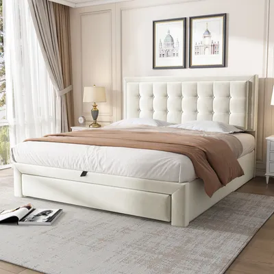 Produktbild von okwish Polsterbett 140*190cm Hydraulisches Doppelbett mit Schubladen und Bettkasten, ohne Matratze- Beige