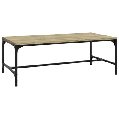 A rectangular coffee table with a wood-look top and black metal legs, shown from a side-front angle against a white background.