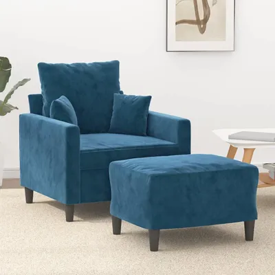 Immagine prodotto di Poltrona con poggiapiedi, blu, 60 cm, rivestita in velluto, ideale per il soggiorno, poltrona confortevole con seduta imbottita e poggiapiedi, struttura robusta