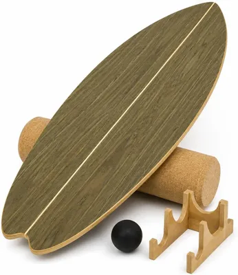 Produktbild von Balance Board aus Holz,Holz Gleichgewichtstrainer mit Korkrolle & Aufbewahrungsständer zum Trainieren und Stärken der Rumpfmuskulatur, Wackelbrett