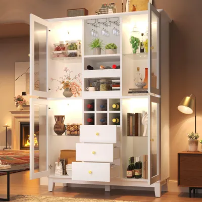 Immagine prodotto di MODFU Armadio portabottiglie Armadio portaoggetti con portabottiglie Armadio alto con 3 cassetti e ante in vetro Armadio da cucina Vetrina con illuminazione a LED Per soggiorno o sala da pranzo Bianco