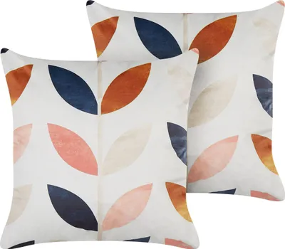 Obrázek produktu pro BELIANI Sada 2 Dekorativních polštářů krémově bílý samet 45 x 45 cm vzor listů Boho dekorace doplňky