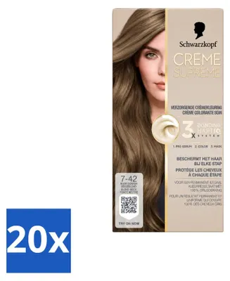 Imagen del producto de 20 unidades de tinte permanente Schwarzkopf Creme Supreme, tono 7-42, color beige claro nude. Paquete económico