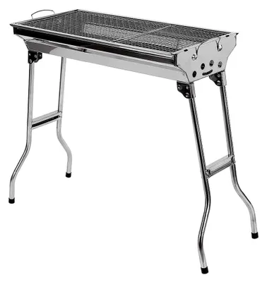 Produktbild von Holzkohlegrill mit Ständer, faltbar und tragbar aus rostfreiem Stahl, geeignet für Grillpartys im Freien für 5-10 Personen, Grillwagen (73*33.5*70cm)