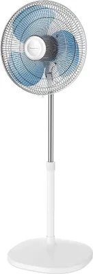 A white stand fan with a silver pole and a silver grille with blue fan blades.