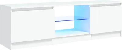 A white TV stand with LED lighting.