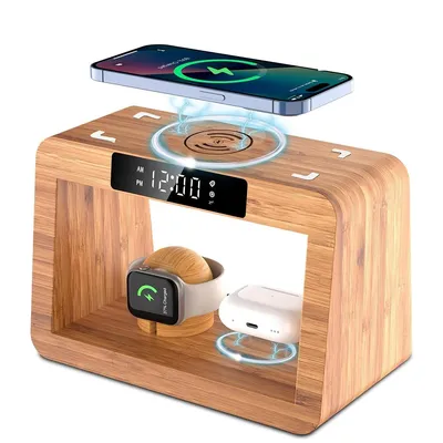 Produktbild von Kabellose Bambus-Ladestation, 5-in-1-Ladestation mit Licht und digitaler Uhr, Weckerfunktion, kompatibel mit allen Qi-fähigen Geräten.