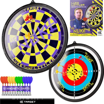 A collage of a dartboard set, including the dartboard, darts, and packaging with a player.
