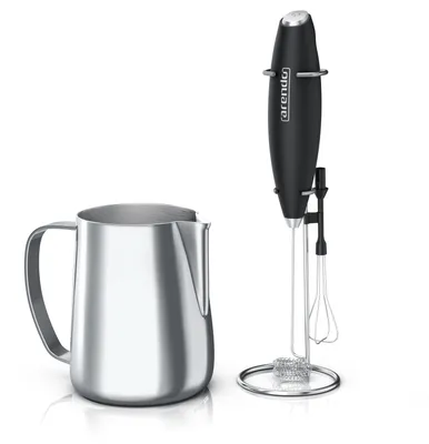 Produktbild von Arendo Milchaufschäumer mit Milchkännchen, Stab Handmilchaufschäumer elektrisch + Milchkanne, Edelstahl, 350ml mit Messskala, Schneebesen und Dual-Quirl