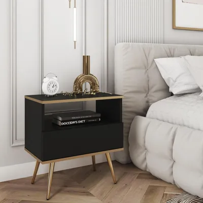 Productafbeelding van Nachtkastje, nachtconsole FORNO, zwart, goud, glamour, Art Deco, 1 lade, gouden poten