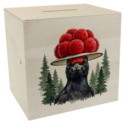 Produktbild von Schwarzspecht mit Bollenhut Spardose aus Holz Schwarzwald Motiv