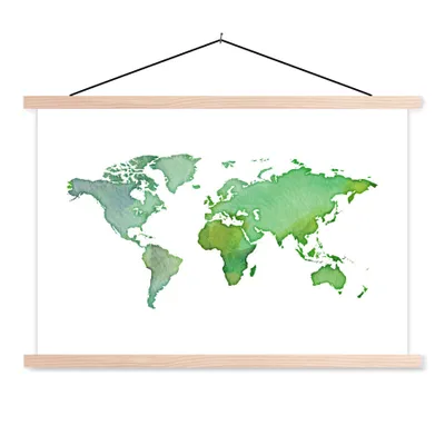 Produktbild von MuchoWow® Textilposter Weltkarte - Aquarell - Grün 60x40 cm mit holzfarbenen Rahmen - Bilder