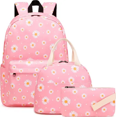 Produktbild von Schulrucksäcke für Mädchen und Teenager - 3-in-1 Set mit Lunchbag und Stiftemäppchen - Daisy Rosa