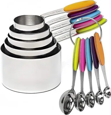 Immagine prodotto di Set da 10 pezzi composto da misurini e cucchiai, comprendente 5 misurini in acciaio inossidabile e 5 mini-cucchiai dosatori, con manico impilabile; cucchiai dosatori precisi per misurare ingredienti secchi e liquidi