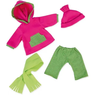 Produktbild von Bayer Design 84664AA Puppenkleidung für 40-46cm Puppen, Hose, Oberteil, Mütze, Schal, Puppenzubehör, Set, Outfit Winter, rosa, grün