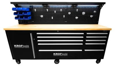 Immagine prodotto di Banco da lavoro professionale con 10 cassetti, ripiani, portautensili, in metallo,nero, con pianale in legno massiccio, arredamento officina con pannello da parete forato e illuminato LED, con ganci e prese USB 230V, 213 cm