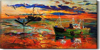 Produktbild von Wandbild Leinwand Bilder Wanduhr 60x30 Gemälde Meer Ozean Schiffe Himmel Wolken - schwarze Hände