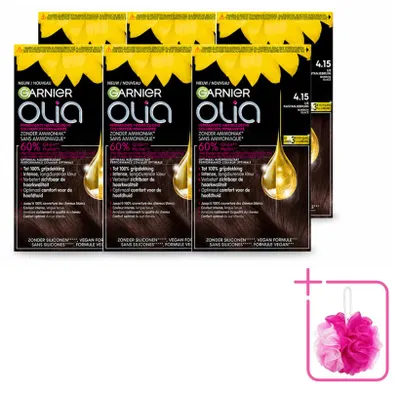 Productafbeelding van 6 x Garnier Olia 4.15 Haarverf - Kastanjebruin - Middenbruin - Zonder ammonia - Voordeelverpakking - 6 stuks