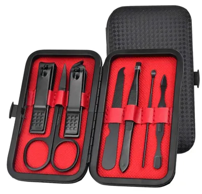 Image de Kit de manucure et pédicure, 7 pièces, en acier inoxydable, avec étui