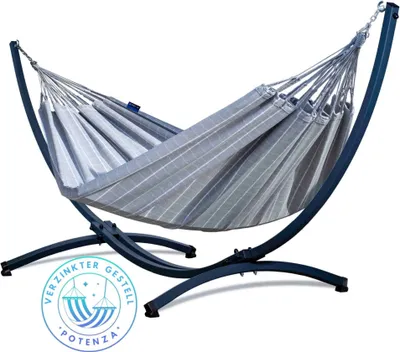 Produktbild von Potenza Outdoor Catargo Hängematte mit Verzinkter Gestell für 2 Personen I 100% Baumwolle Doppelhängematte XXL 220x160, 220kg I Hängemattengestell 220kg, wetterfest