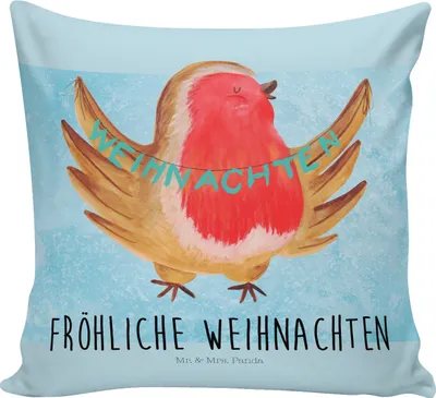 Produktbild von Mr. & Mrs. Panda Dekokissen Rotkehlchen Weihnachten - Eisblau - Geschenk, Xmas, kuschelkissen 40x40, Deko Kissen, Heiligabend, Kleines, Frohe, Sofa, Weihnachtsgruß