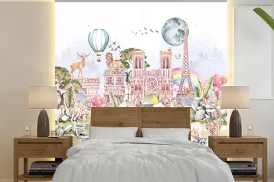 Produktbild von MuchoWow® Fototapete für Wohnzimmer oder Schlafzimmer Wandtapete Vinyl Motivtapete Paris - Regenbogen - Kinder - Rosa - Mädchen - Tiere - 220x220 cm - Kindertapete - Tapeten