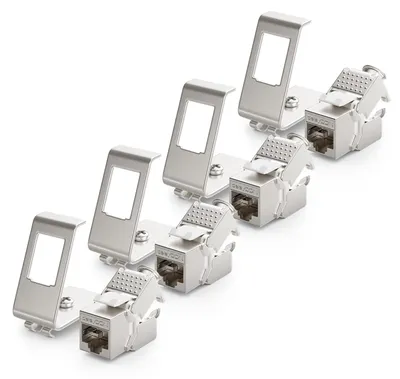 Produktbild von deleyCON CAT6a Keystone Jack Modul 1-Port Hutschienenadapter, 4 Stück – Größe 4x Keystone + 4x Halter