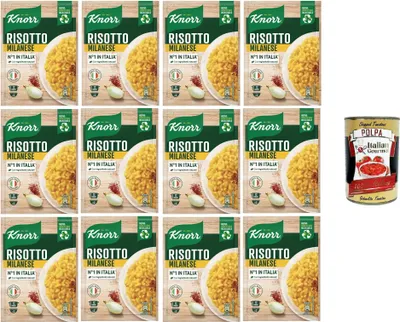 Produktbild von Knorr Risotto Alla Milanese,fertiges Risotto mit natürlichen Zutaten,100% italienischem Reis und Chicci al Dente, zubereitet in der Pfanne oder in der Mikrowelle, 12x175 g+Italian Gourmet polpa 400g